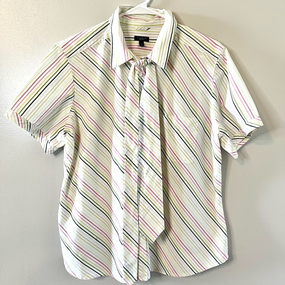 Talbots Womens Short Sleeve Button Down Shirt Pastel Striped Top With Tie XL